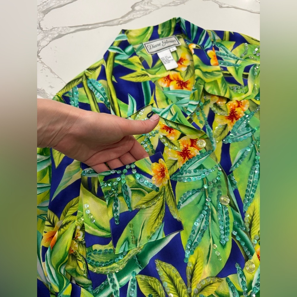 Vintage Diane Gilman Silk Tropical Sequin Blouse Beach Resort Cruise Vacation - Picture 4 of 8